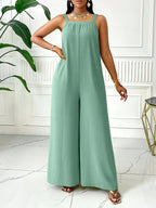 Chic Women's Sleeveless Solid Color Jumpsuit - Casual Polyester and Spandex, Ruched Design, Wide Leg, Machine Washable - Vibrant Solid Color, Casual Wear Jumpsuit | Chic Sleeveless Jumpsuit | Flowy Draped Style - Mineral Green