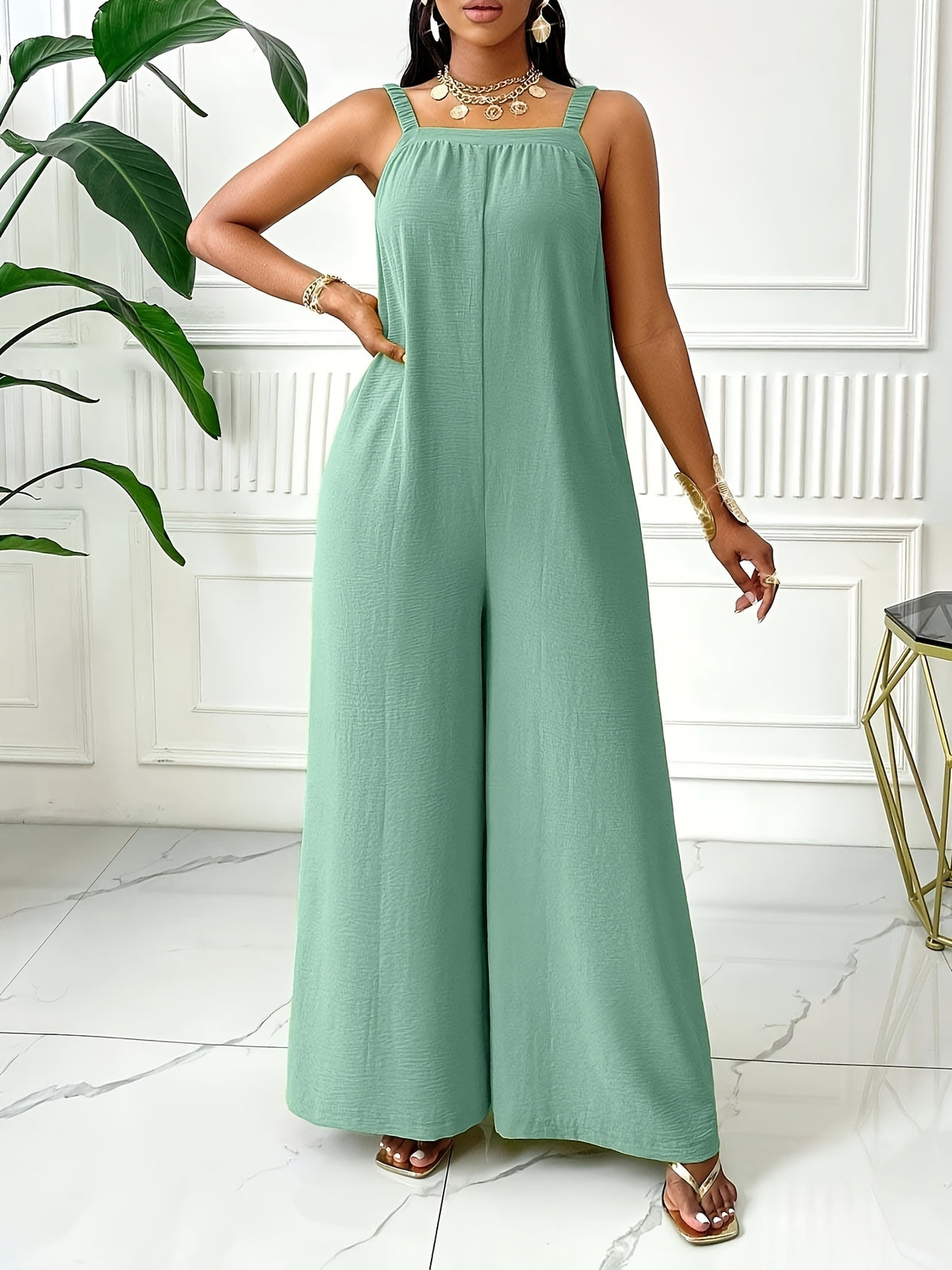 Chic Women's Sleeveless Solid Color Jumpsuit - Casual Polyester and Spandex, Ruched Design, Wide Leg, Machine Washable - Vibrant Solid Color, Casual Wear Jumpsuit | Chic Sleeveless Jumpsuit | Flowy Draped Style - Mineral Green