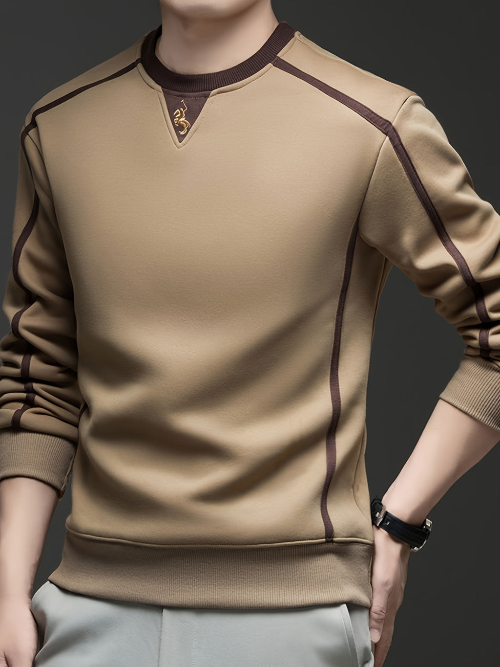Autumn/Winter Regular Style Comfortable and Warm Men's Crew Neck Long Sleeve Sweatshirt, Versatile for Daily Wear - SINBOS - Coffee Color