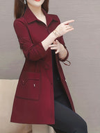 Spring And Autumn Fashion Long Slim Long-Sleeved Shirt Coat - Deep Red