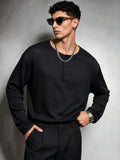 Spring/Autumn Men's Henry Shirt Long Sleeve T-Shirt, Three-Button Half-Open Placket, Round Neck, Black, Loose Fit Casual Knit Base Layer, Daily Commute Pullover Top - Black