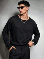 Spring/Autumn Men's Henry Shirt Long Sleeve T-Shirt, Three-Button Half-Open Placket, Round Neck, Black, Loose Fit Casual Knit Base Layer, Daily Commute Pullover Top - Black