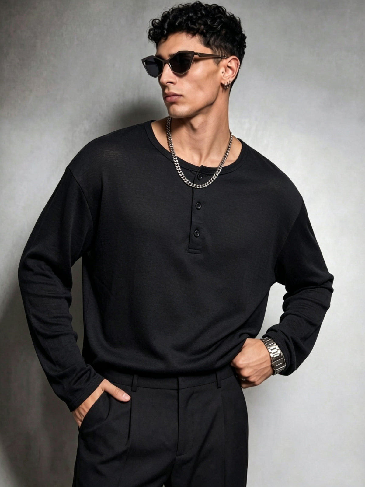 Spring/Autumn Men's Henry Shirt Long Sleeve T-Shirt, Three-Button Half-Open Placket, Round Neck, Black, Loose Fit Casual Knit Base Layer, Daily Commute Pullover Top - Black