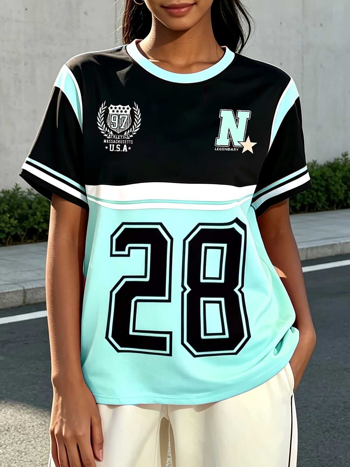 Women's Casual Streetwear T-Shirt with "71.12cm Number and Letter Print, Y College Style Women's Tee, the Best Gift for Friends and Family - Black G