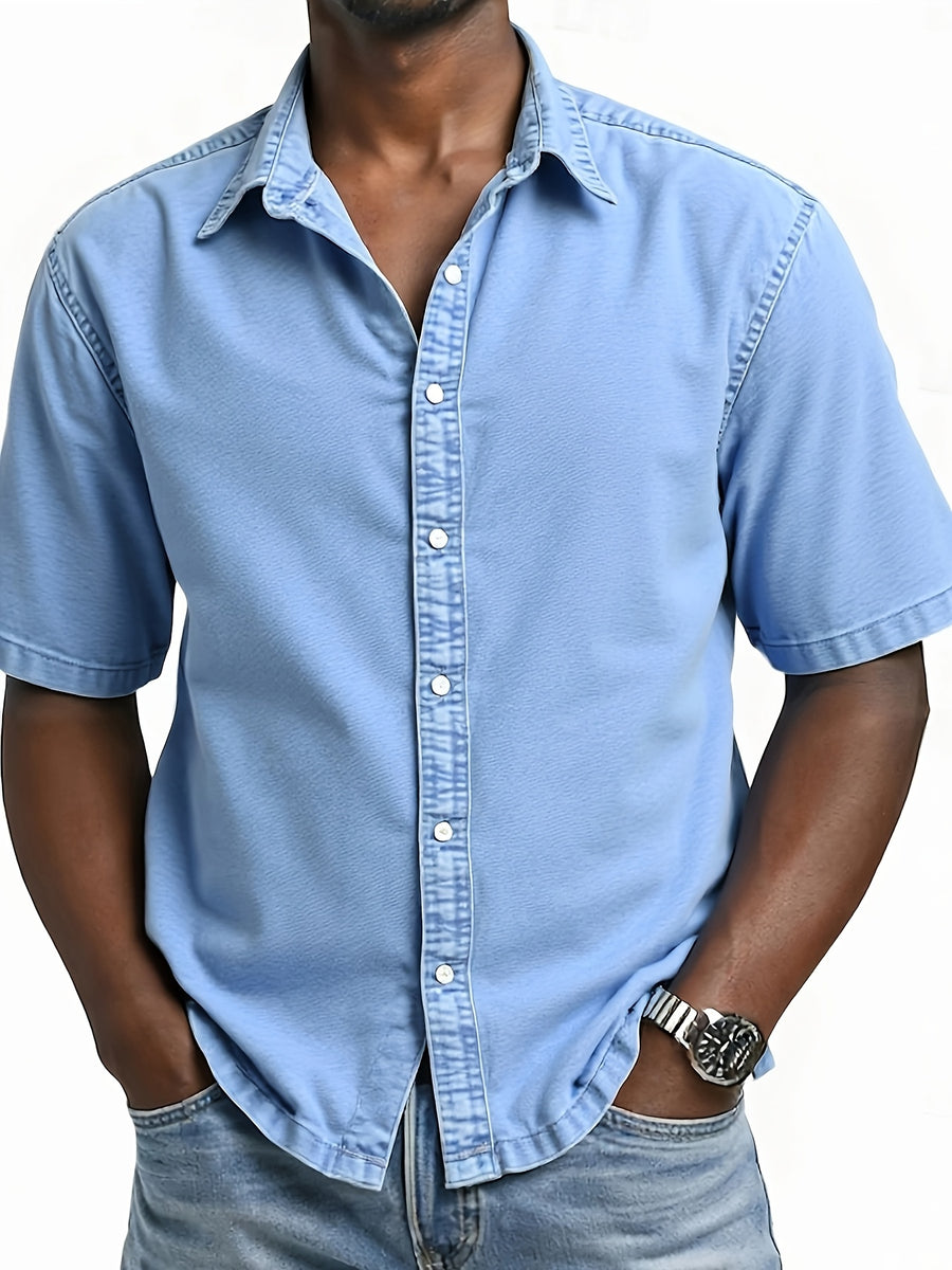 Men's New Summer American Vintage Denim Short-Sleeve Shirt, Washed & Distressed Finish, Loose Drop-Shoulder Fit with Lapel, Casual Versatile Design, Ideal for Daily Wear, Vacation & Streetwear, Wearable as Outerwear or Inner Layer - Royal Blue