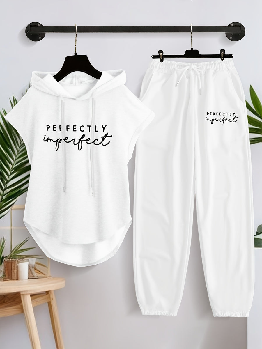 Women'S Sleeveless Hooded Vest And Casual Long Pants Set X3003 - White