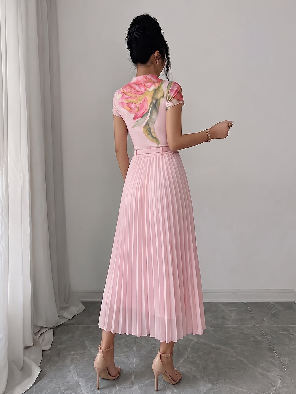 Women'S Dress, Summer New Floral Print Half-Neck Short Sleeve Dress, Waist-Cinching Long Pleated Dress with Belt - Pink