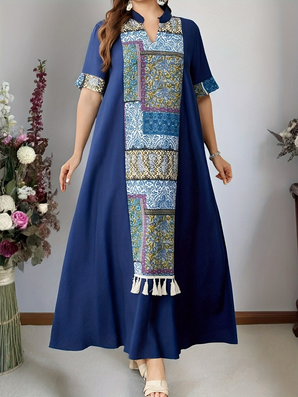Spring and Summer New Elegant Loose Comfortable Short Sleeve Sweetheart Neck Long Colorblock Print Middle Eastern Robe Fashionable Ladies Dress - Navy Color
