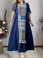 Spring and Summer New Elegant Loose Comfortable Short Sleeve Sweetheart Neck Long Colorblock Print Middle Eastern Robe Fashionable Ladies Dress - Navy Color