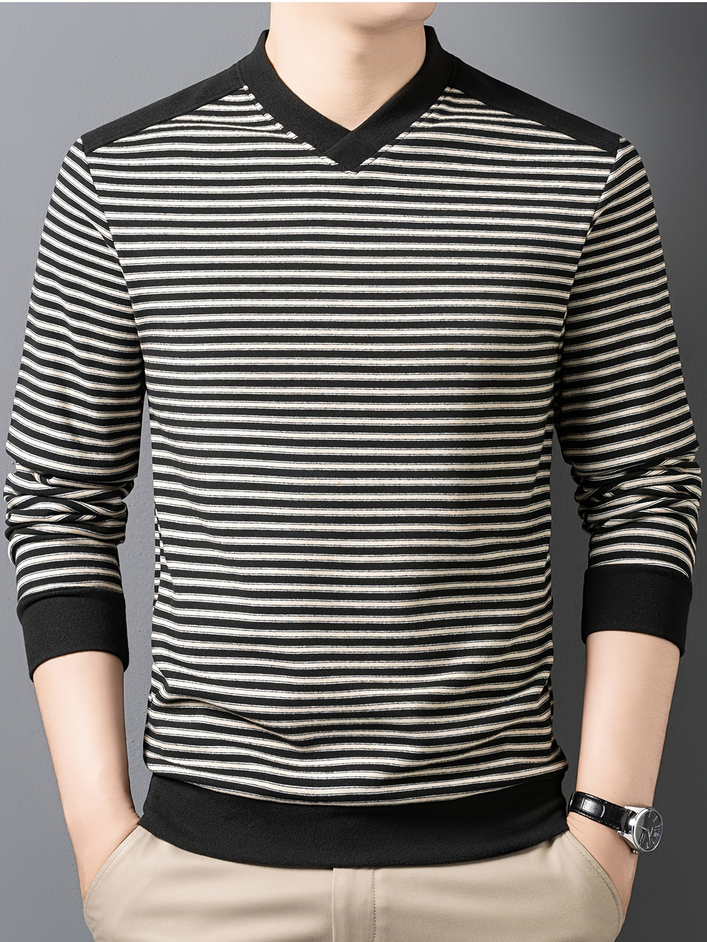 New Spring, Autumn, and Winter V-Neck Men's Long-Sleeve T-Shirt, Fashionable Casual Thin Striped Top, Stylish, Elegant, Youthful, and Versatile Men's Apparel, Soft, Skin-Friendly, Close-Fitting, Comfortable, and Warm Clothing HL2531 - Black
