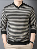 New Spring, Autumn, and Winter V-Neck Men's Long-Sleeve T-Shirt, Fashionable Casual Thin Striped Top, Stylish, Elegant, Youthful, and Versatile Men's Apparel, Soft, Skin-Friendly, Close-Fitting, Comfortable, and Warm Clothing HL2531 - Black