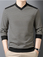 New Spring, Autumn, and Winter V-Neck Men's Long-Sleeve T-Shirt, Fashionable Casual Thin Striped Top, Stylish, Elegant, Youthful, and Versatile Men's Apparel, Soft, Skin-Friendly, Close-Fitting, Comfortable, and Warm Clothing HL2531 - Black
