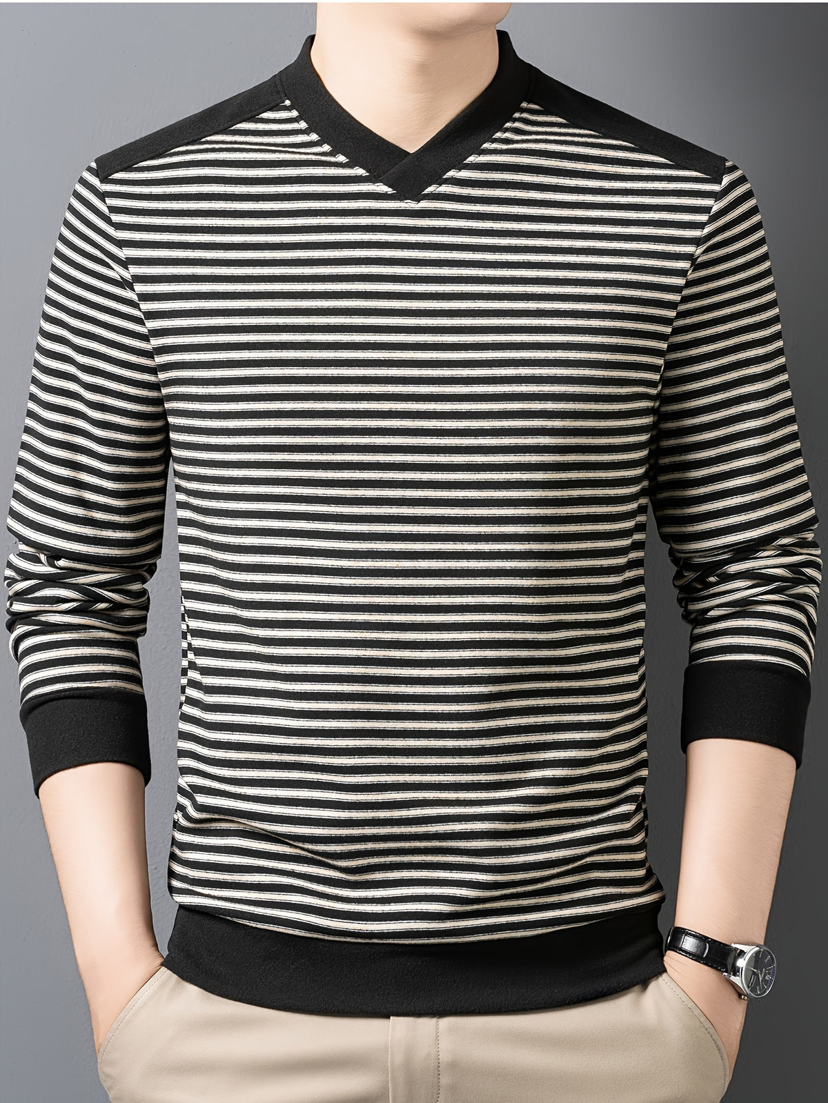 New Spring, Autumn, and Winter V-Neck Men's Long-Sleeve T-Shirt, Fashionable Casual Thin Striped Top, Stylish, Elegant, Youthful, and Versatile Men's Apparel, Soft, Skin-Friendly, Close-Fitting, Comfortable, and Warm Clothing HL2531 - Black
