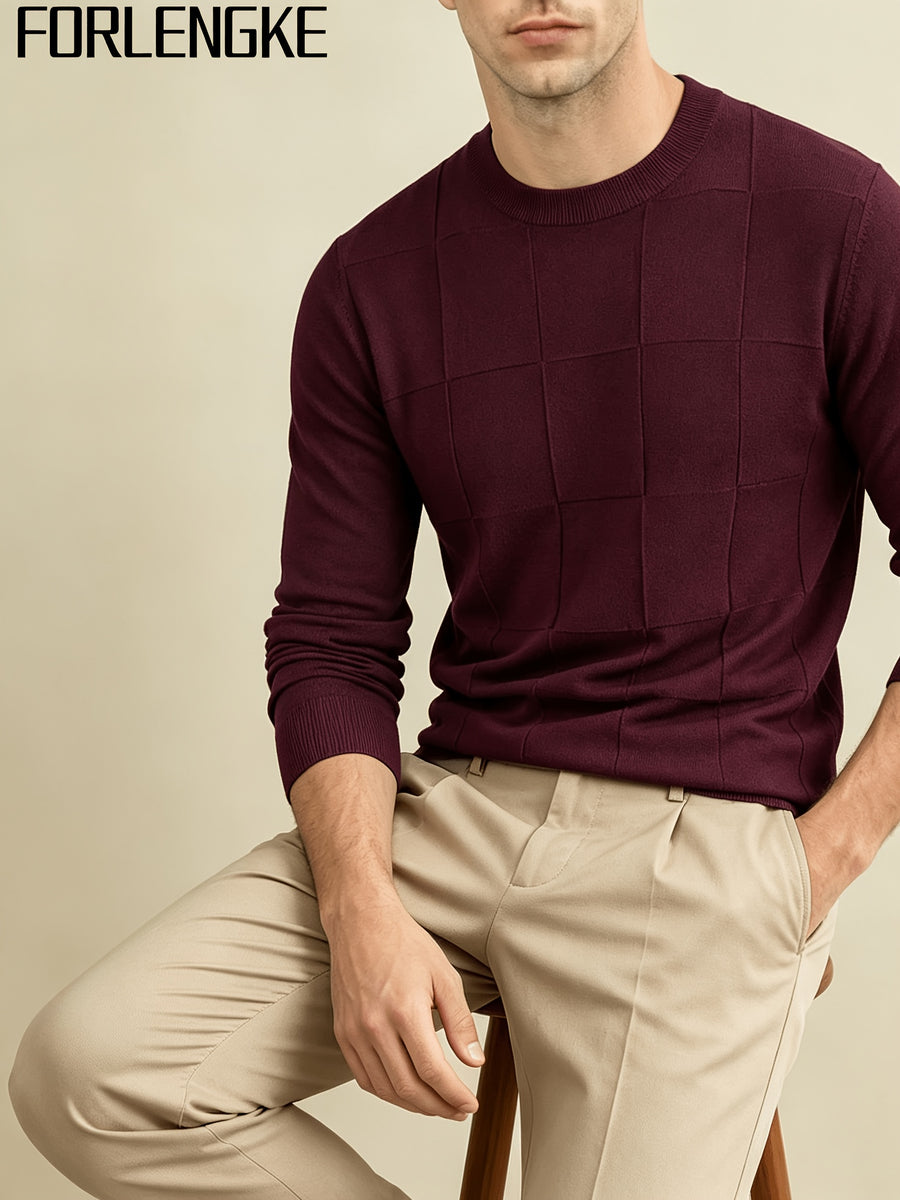 FORLENGKE Men's Business Casual Grid Textured Sweater - Soft Warm Stretch Knit Crew Neck Pullover, Suitable for Fall Winter Office Wear, Long Sleeve Blazer or Sweater Vest Compatible for Daily Professional Attire - Burgundy
