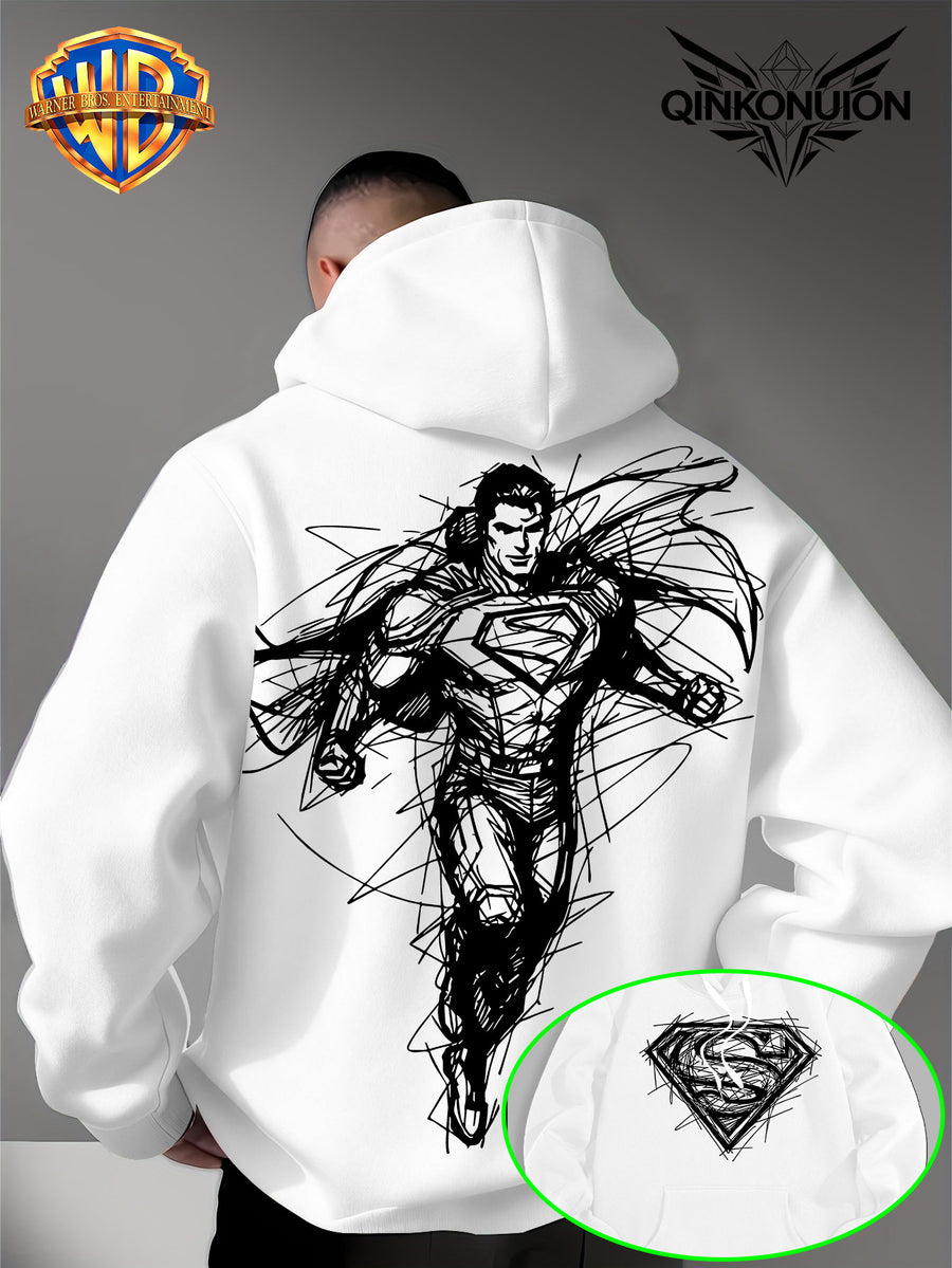 Warner Official Men'S Hooded Sweatshirt, Featuring Sketch Lines, Superhuman Flight, Dynamic And Cool Print Design, Machine Washable, Warm And Casual for Autumn And Winter, Daily Drawstring Hoodie, Multifunctional Sports And Casual Loose Fit - White