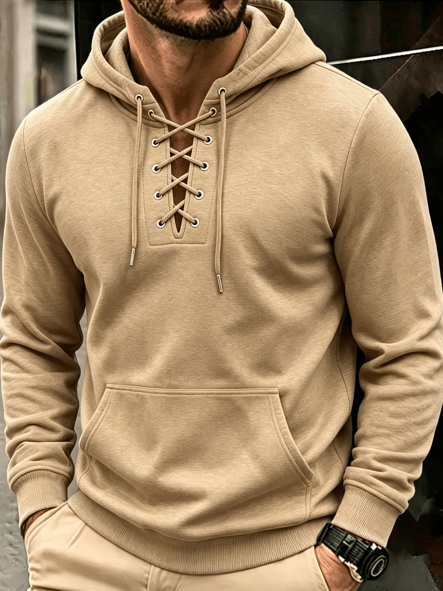 Men's Fashion Trendy Casual Solid Color Hooded Sweatshirt - Khaki