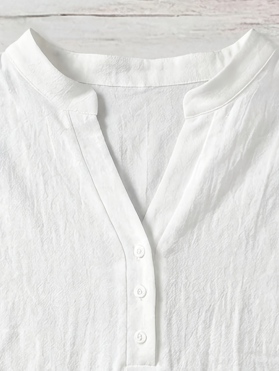 100% Short Sleeve Shirt, Casual Vacation Wear for Summer, V-Neck Design, Country Style Clothing for Women, Suitable for All Occasions, Ideal Choice for Holidays - White