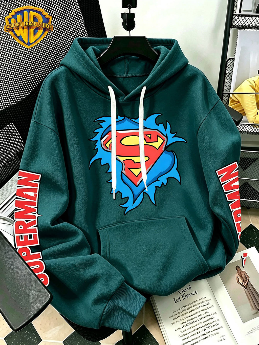 [Warner Bros] Licensed Men'S New Trendy Hoodie DC Superman Ripped Logo Print Casual Hooded Sweatshirt Everyday Drawstring Loose Pullover Machine Washable All-Match Sports Casual Men'S Top - Green