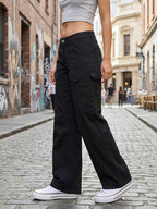 Women'S New Elastic Low-Waist Straight Cargo Pants, Casual Commute Easy Fashion All-Match Trousers - Black