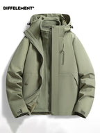 Men'S Solid Color 3-In-1 Detachable Windbreaker with Fleece Lining 2pcs Set, Wear-Resistant Woven Fabric, Zipper And Multi-Pockets, Hook-And-Loop Cuffs, Outdoor Hiking Commuting Fall Winter Windproof Warm Detachable Versatile Jacket - Green
