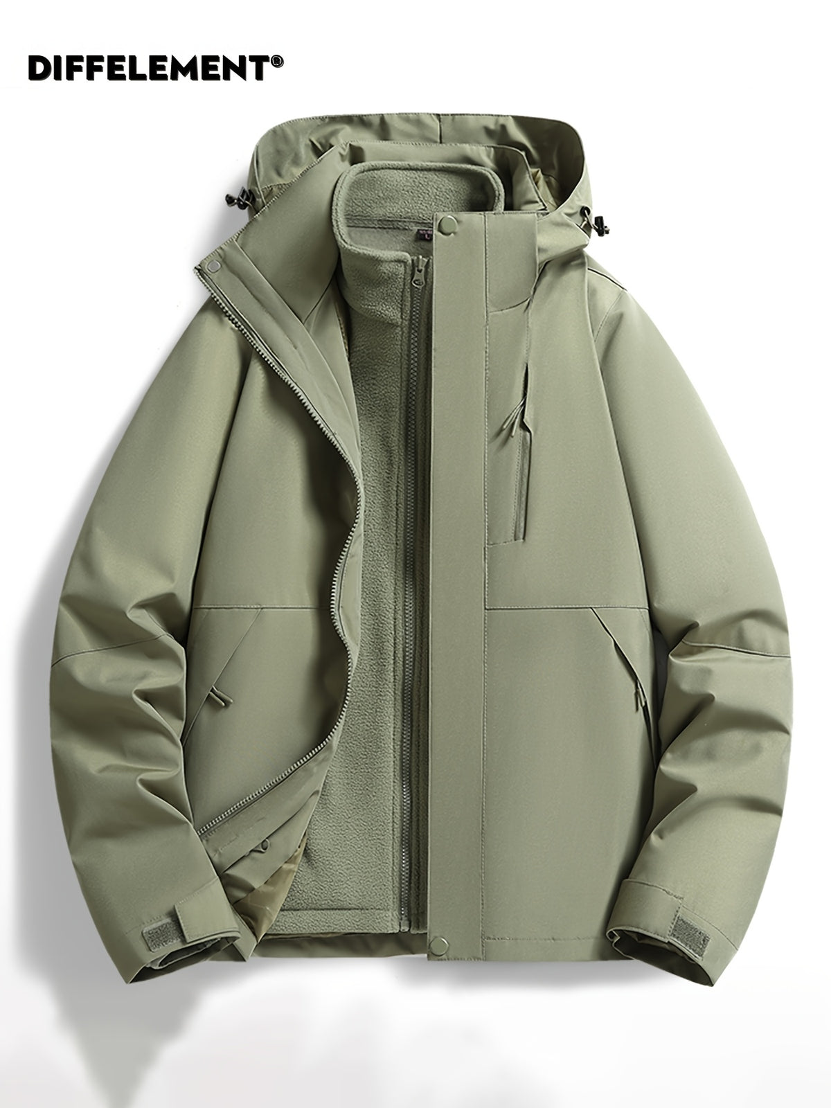 Men'S Solid Color 3-In-1 Detachable Windbreaker with Fleece Lining 2pcs Set, Wear-Resistant Woven Fabric, Zipper And Multi-Pockets, Hook-And-Loop Cuffs, Outdoor Hiking Commuting Fall Winter Windproof Warm Detachable Versatile Jacket - Green
