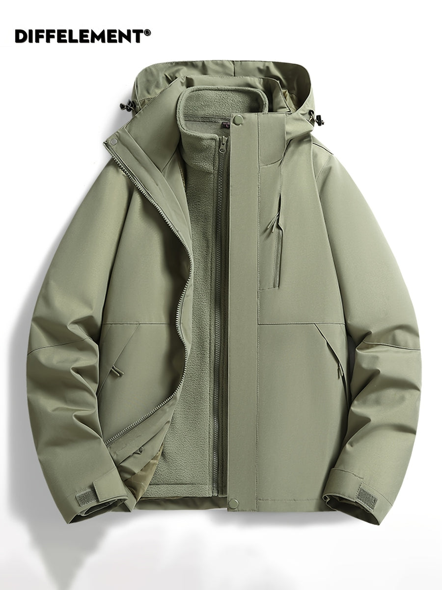 Men'S Solid Color 3-In-1 Detachable Windbreaker with Fleece Lining 2pcs Set, Wear-Resistant Woven Fabric, Zipper And Multi-Pockets, Hook-And-Loop Cuffs, Outdoor Hiking Commuting Fall Winter Windproof Warm Detachable Versatile Jacket - Green