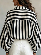 Spring Summer New Style Retro Striped Long Sleeve Women'S Shirt, Loose Vacation Style Beach Top, Casual Commute - Black And White Stripes