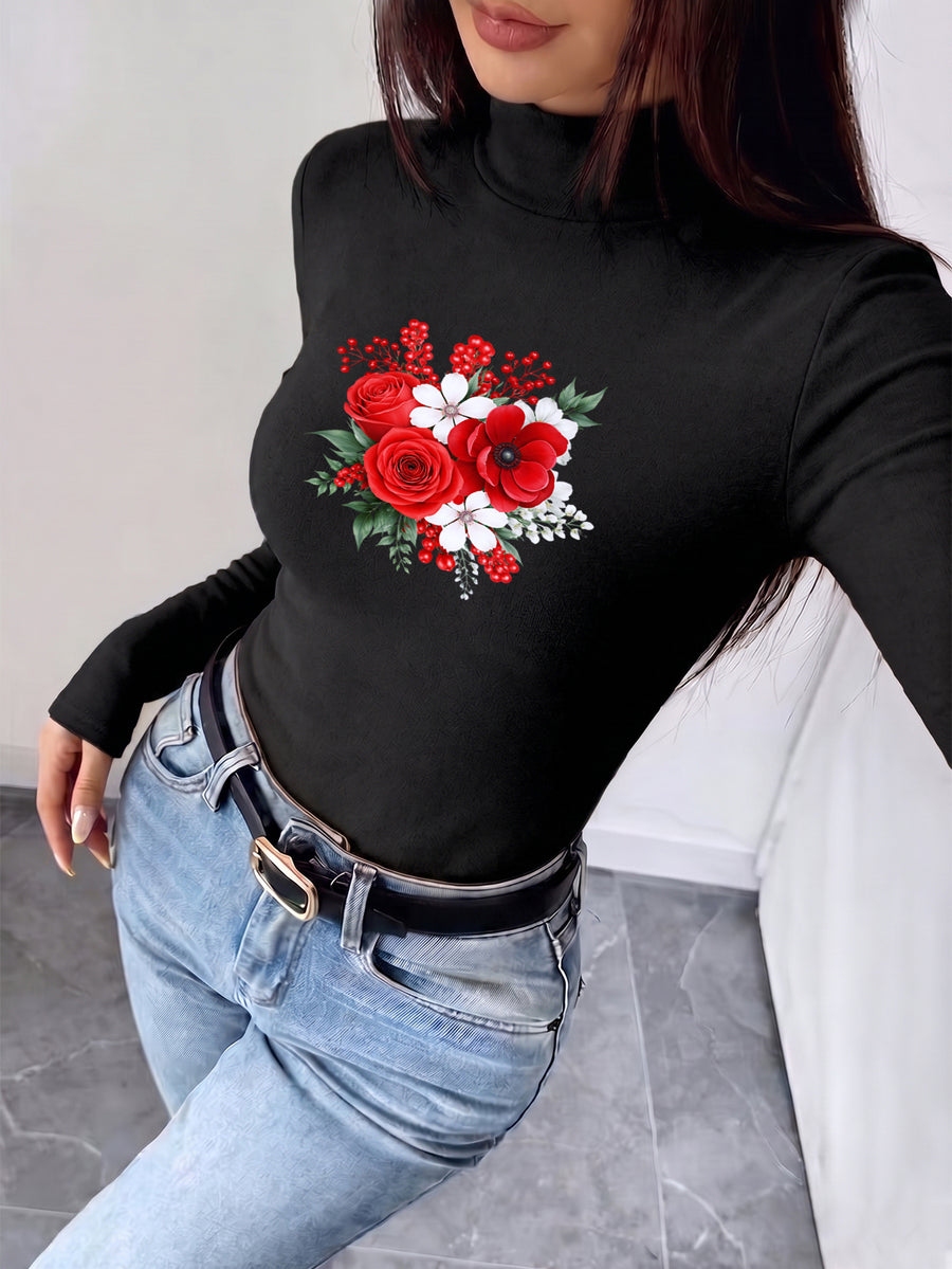 Women's New Autumn/Winter Half-Turtleneck Slim-Fit Top, Can Be Worn as an Inner or Outer Layer, Stretchy Fabric, Soft, Skin-Friendly, and Warm, Simple Waist-Cinching Fit, Versatile for Daily Wear "red Roses White Flowers Berries Green Leaves" - Black