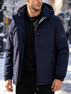 Men'S Fleece-Lined Hooded Winter Jacket, Thermal Warm Windproof Cold-Resistant Coat, Regular Fit Adjustable Hood Outerwear for Snow Skiing, Hiking, Daily Winter Commute with Multi-Zipper Pockets, Adjustable Cuffs & Embroidered Badge Logo - Navy Color
