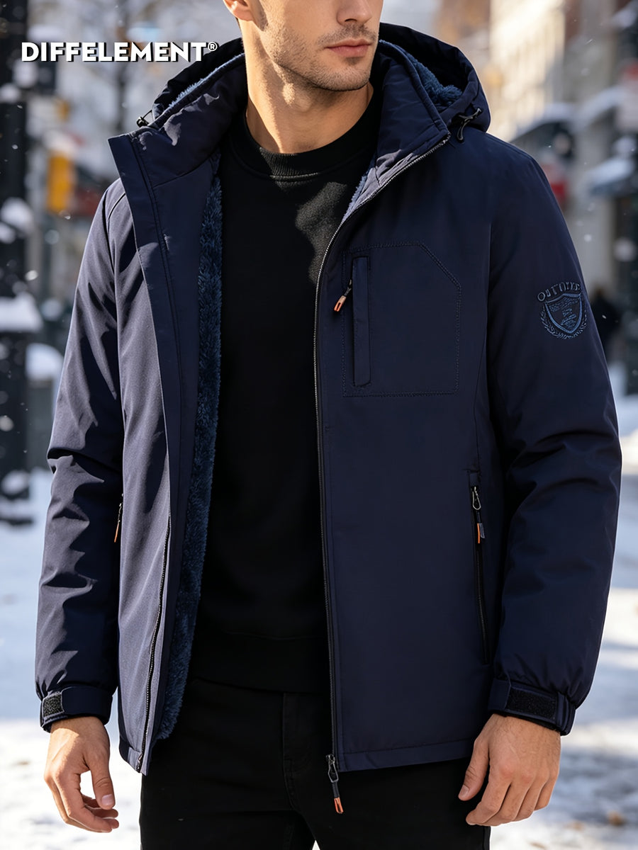 Men'S Fleece-Lined Hooded Winter Jacket, Thermal Warm Windproof Cold-Resistant Coat, Regular Fit Adjustable Hood Outerwear for Snow Skiing, Hiking, Daily Winter Commute with Multi-Zipper Pockets, Adjustable Cuffs & Embroidered Badge Logo - Navy Color