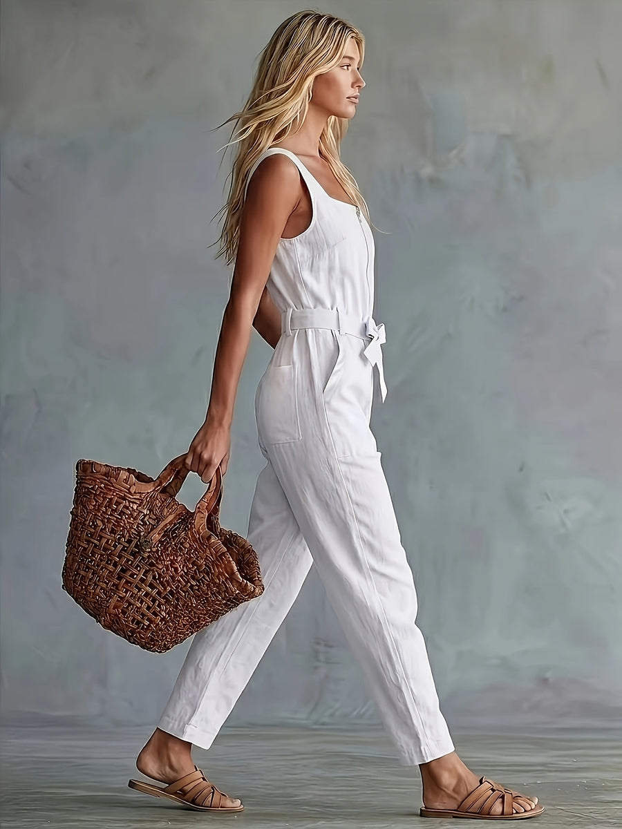 Women'S Retro Western Style Comfortable Loose Fit, Pocket Decor Sleeveless Jumpsuit, Suitable for Spring/Summer Outings And Parties, Easy Elegant Wear - White