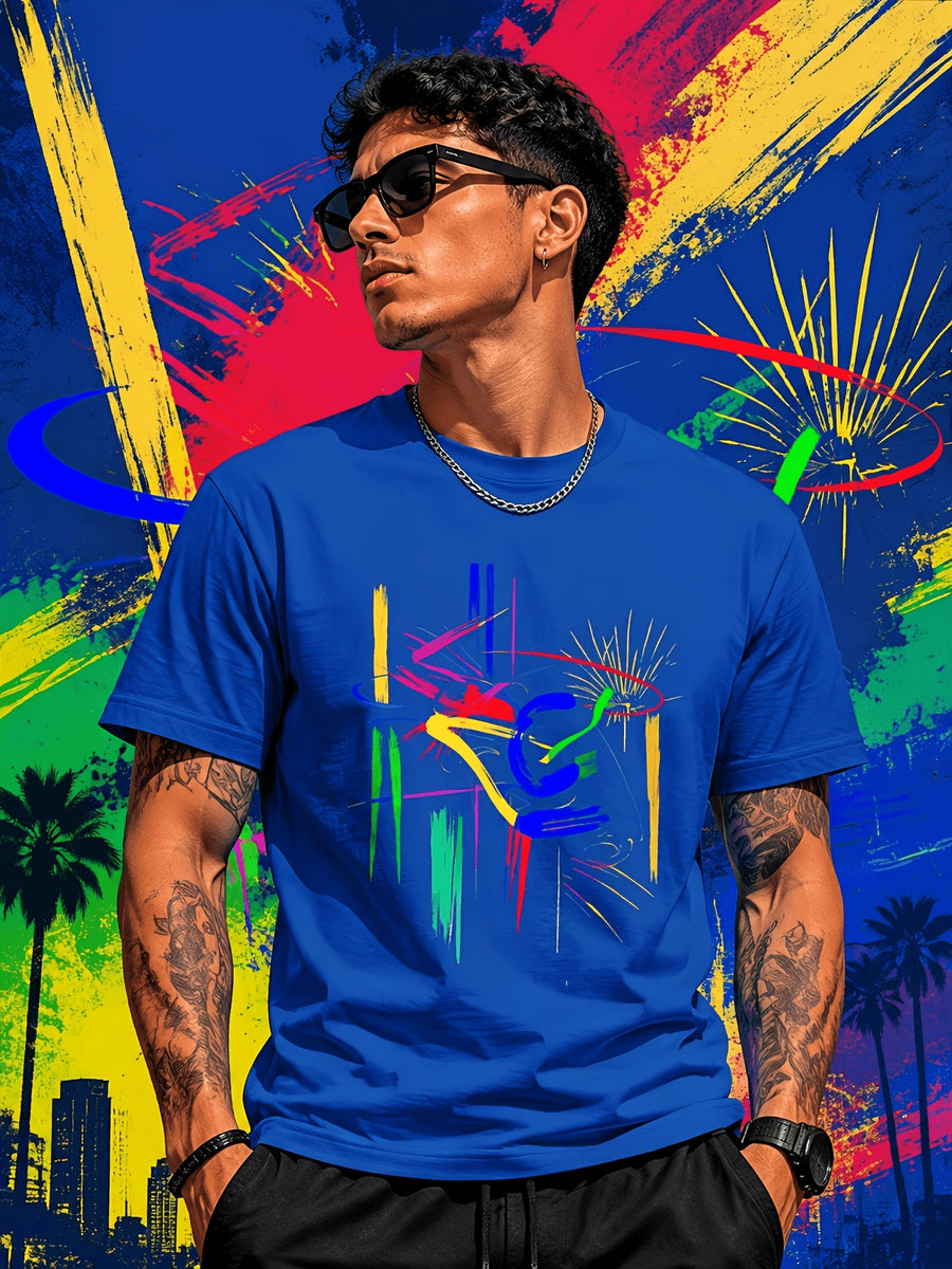 Men's Abstract Art T-Shirt - Vibrant Brushstroke Design, Soft and Breathable, Modern Crew Neck, Short Sleeve Summer Tee, Art-Inspired T-Shirt - Blue