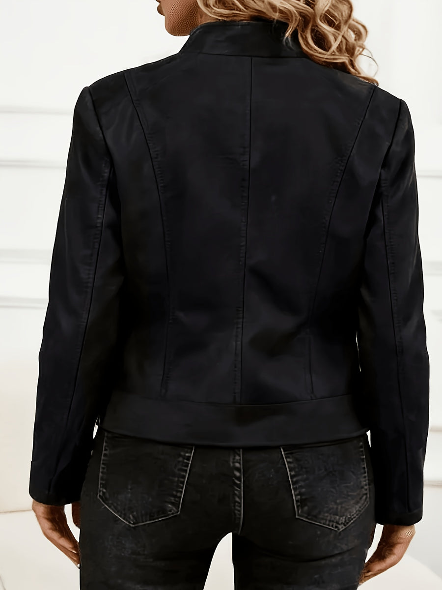 Plus Size Women'S Elegant Jacket - Soft Stretch Fabric, Metallic Zipper Design Spring/Autumn Outerwear - Black