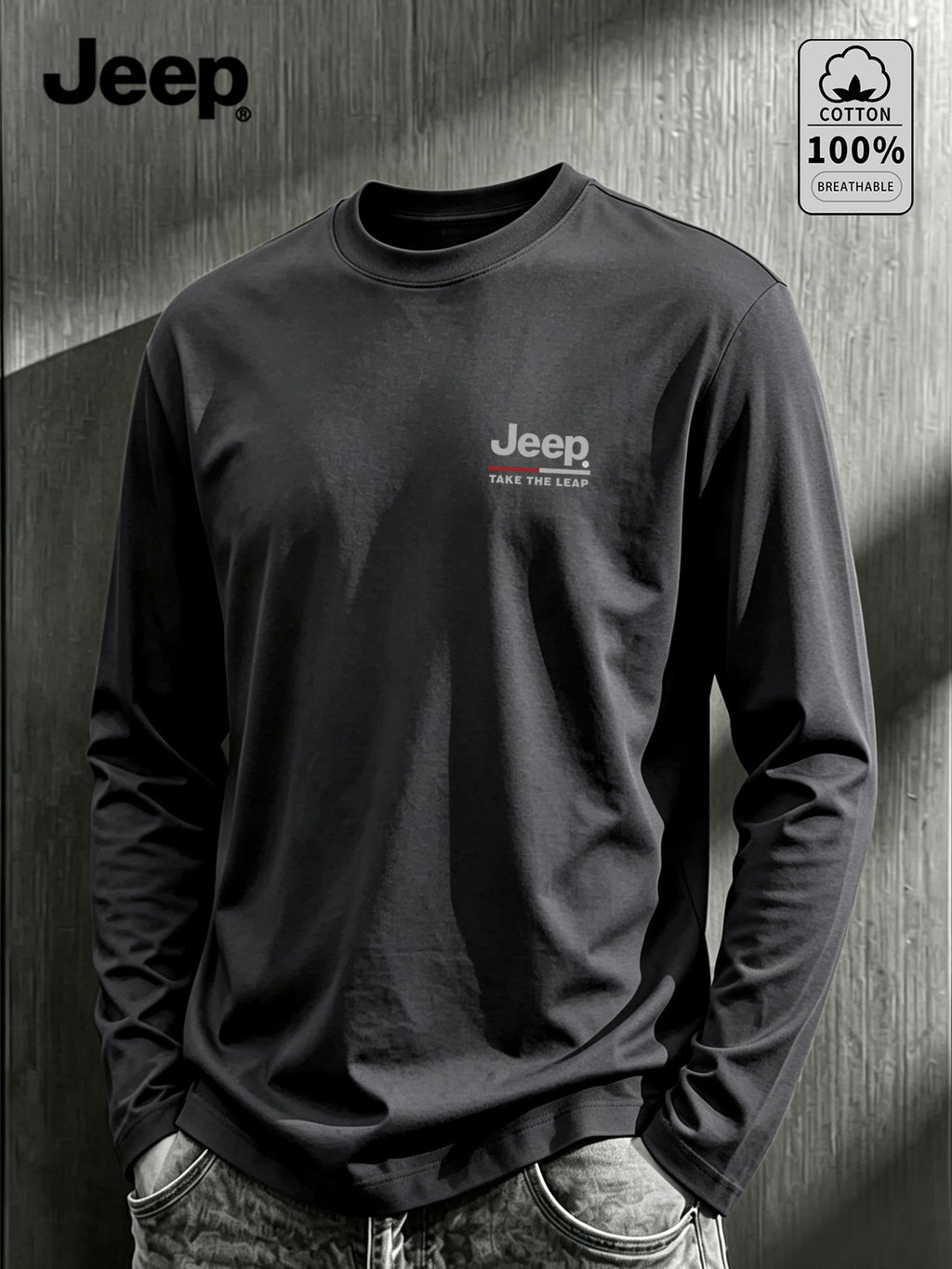 JEEP Men's Pure Long-Sleeve T-Shirt, 210g, Crew Neck, Solid Color, Wear-Resistant, Breathable, for Spring/Autumn Casual and Sports as a Base Layer Top - Dark Gray