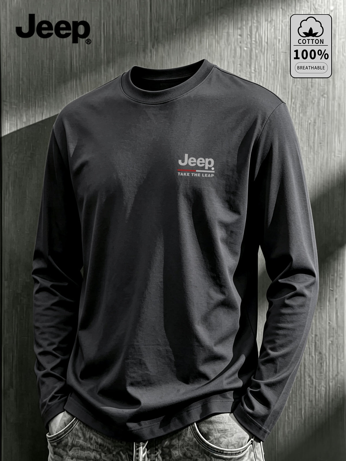 JEEP Men's Pure Long-Sleeve T-Shirt, 210g, Crew Neck, Solid Color, Wear-Resistant, Breathable, for Spring/Autumn Casual and Sports as a Base Layer Top - Dark Gray