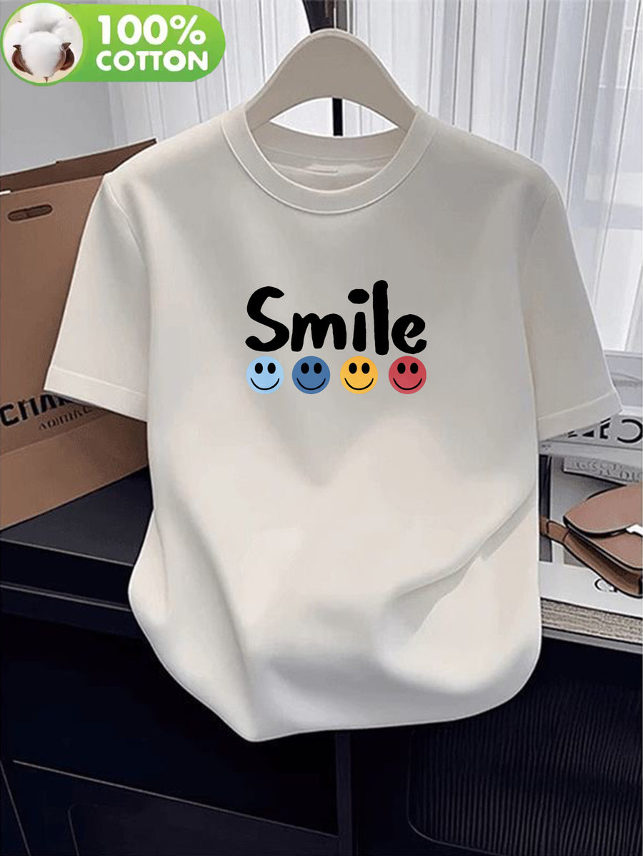 100% Women's T-Shirt, Summer Short Sleeve Thin Top, Trendy and Fashionable Standard Fit, Versatile for Daily Wear, Casual, Comfortable, and Breathable, Colorful Smiling Face and Letter Print Design, Simple, , and Fun Pattern - White