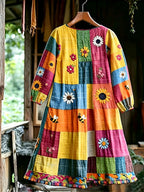 Plus Size, Plus Size Women's Vintage Sunflower & Bee Print Dress - Elegant Patchwork -Line Dress with Round Neck, Long Sleeve Suitable for - Wear, Machine Washable Suitable for Casual, Office, Semi-Formal Outfits - Multicolor