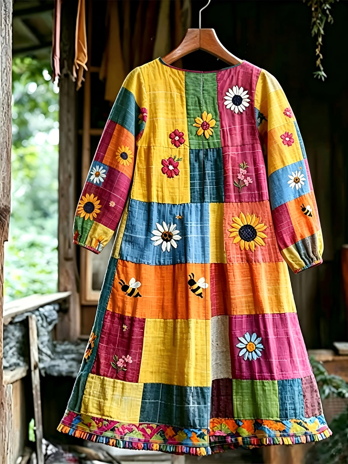Plus Size, Plus Size Women's Vintage Sunflower & Bee Print Dress - Elegant Patchwork -Line Dress with Round Neck, Long Sleeve Suitable for - Wear, Machine Washable Suitable for Casual, Office, Semi-Formal Outfits - Multicolor