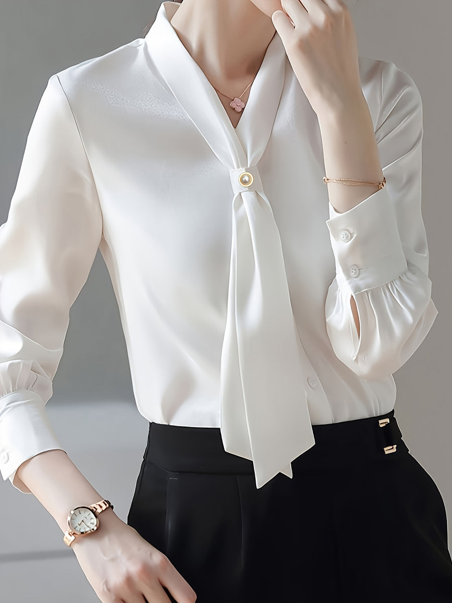 Solid Color Lace-Up V-Neck Long-Sleeved Shirt, Elegant Women'S Clothing, Suitable for Spring And Autumn Seasons - White