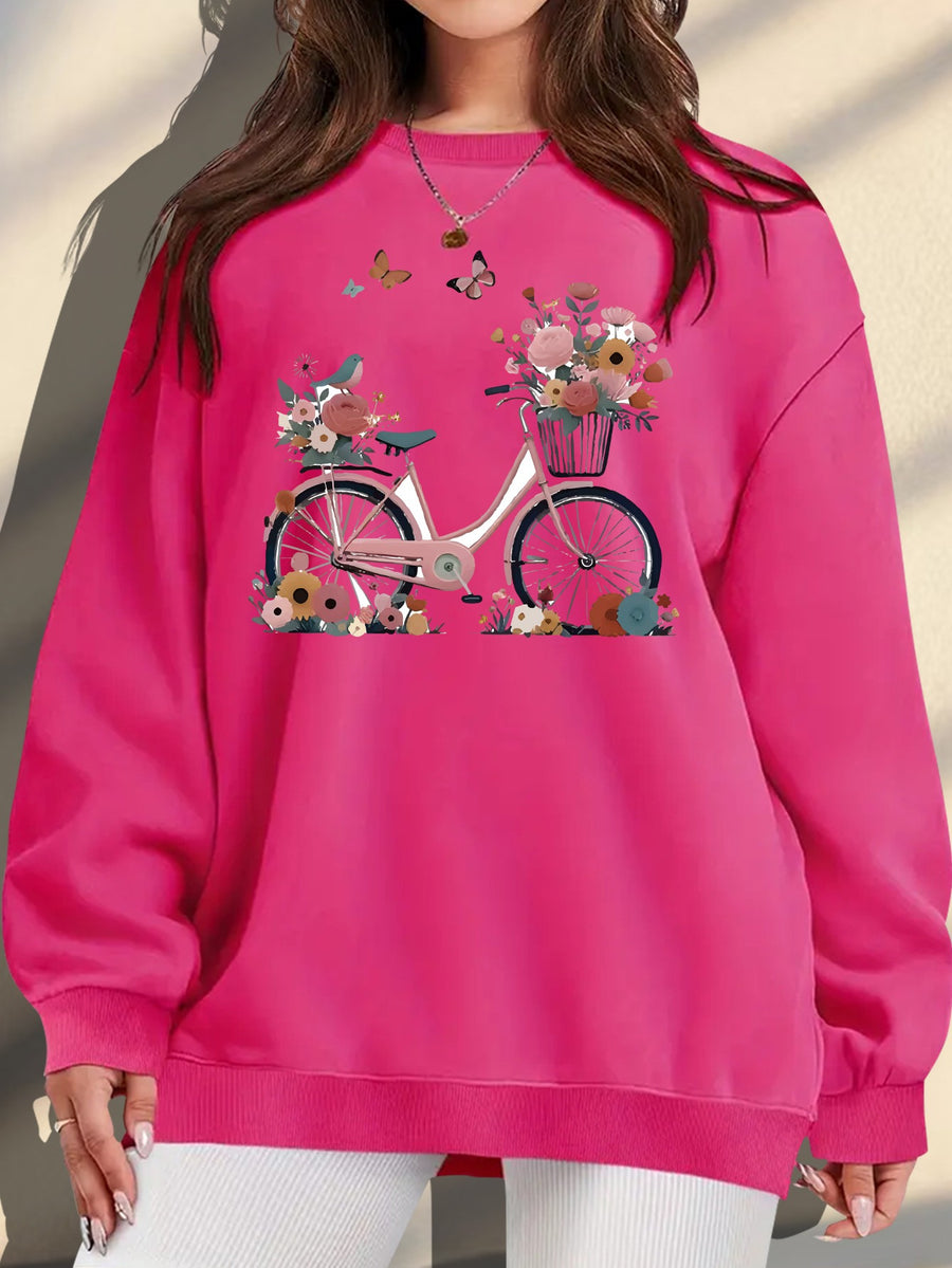 Plus Size, Extended Apparel: Women's Spring/Autumn/Winter Cross-Border European & American Plus-Size Simple Graphic Print Sweatshirt, Casual Crew Neck Sweatshirt, Women's Plus-Size Sweatshirt - Rose Red