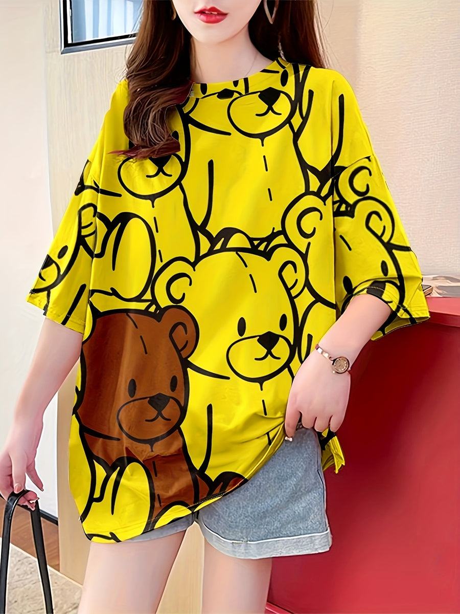 Summer New Large Size Loose Fashion Trend Slim Cartoon Round Neck Print Ladies Women'S Medium And Long Short-Sleeved T-Shirt Clothes - K176-Y