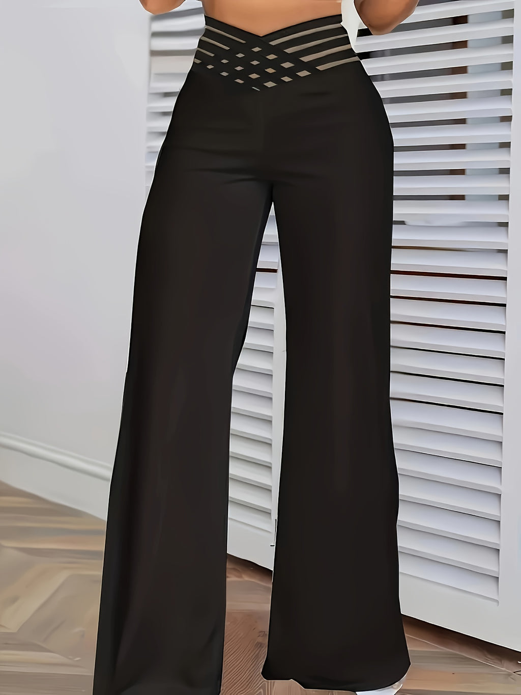 Fashionable Solid Color Cross-Over Transparent Mesh Patch High-Waist Pants - Black