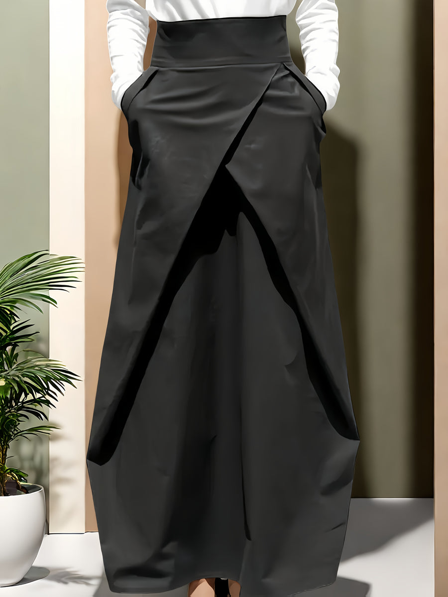 Ladies' Elegant High-Waisted Solid Color Skirt with Elastic Waistband and Pockets - Versatile Midi Summer Dress, Machine Washable, Suitable for Holiday Casual or Office Wear - Beach Outing - Opaque Material - Black