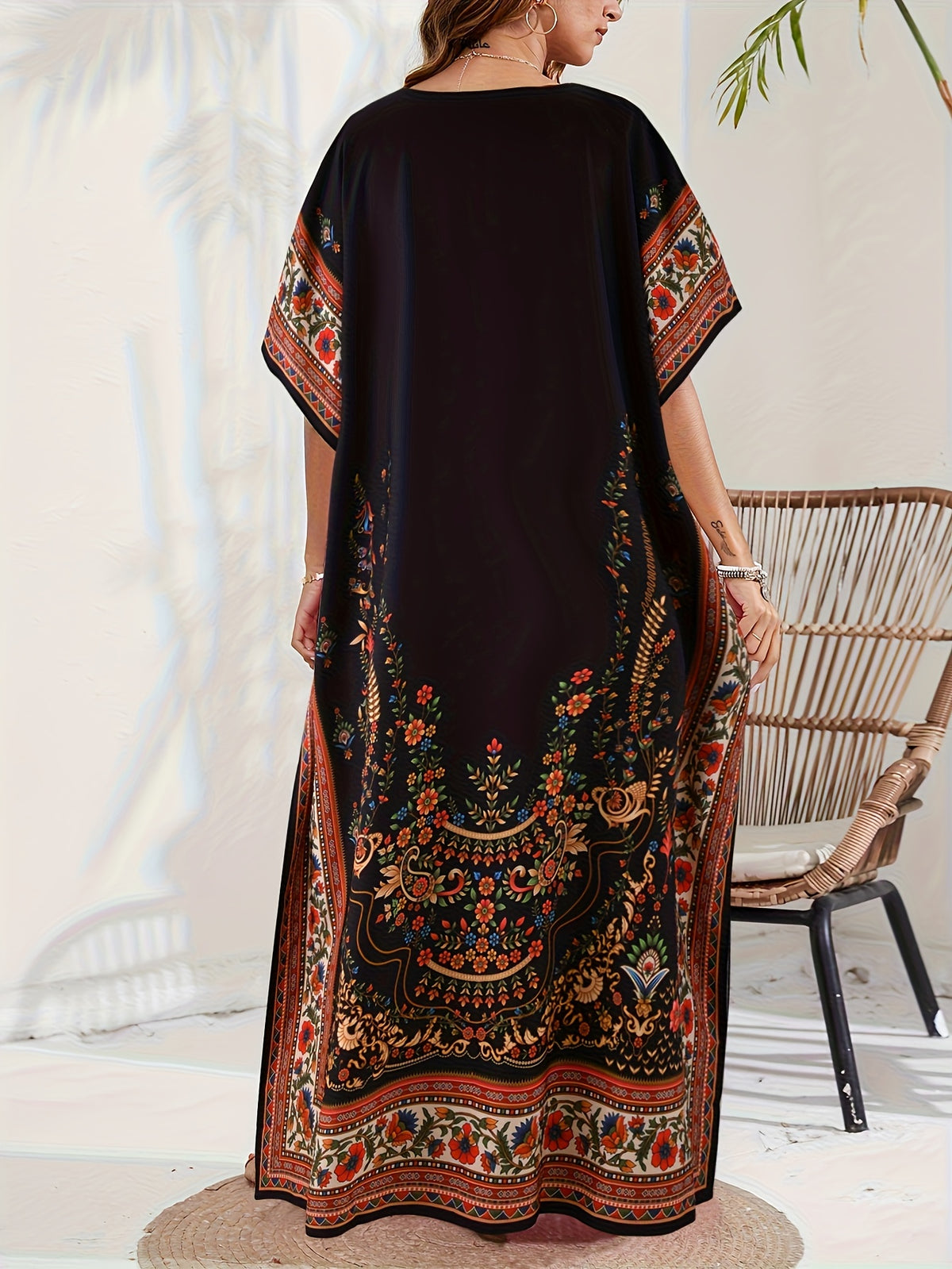 Women'S Middle Eastern Style V-Neck Floral Muslim Abaya, Bohemian Beach Casual Dress - Mixed colors