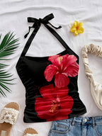 Women'S Summer Vacation Floral Print Halter Camisole, Back Bow Tie Cami Top - Black