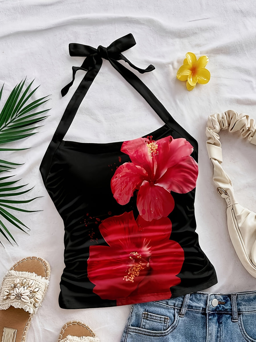 Women'S Summer Vacation Floral Print Halter Camisole, Back Bow Tie Cami Top - Black