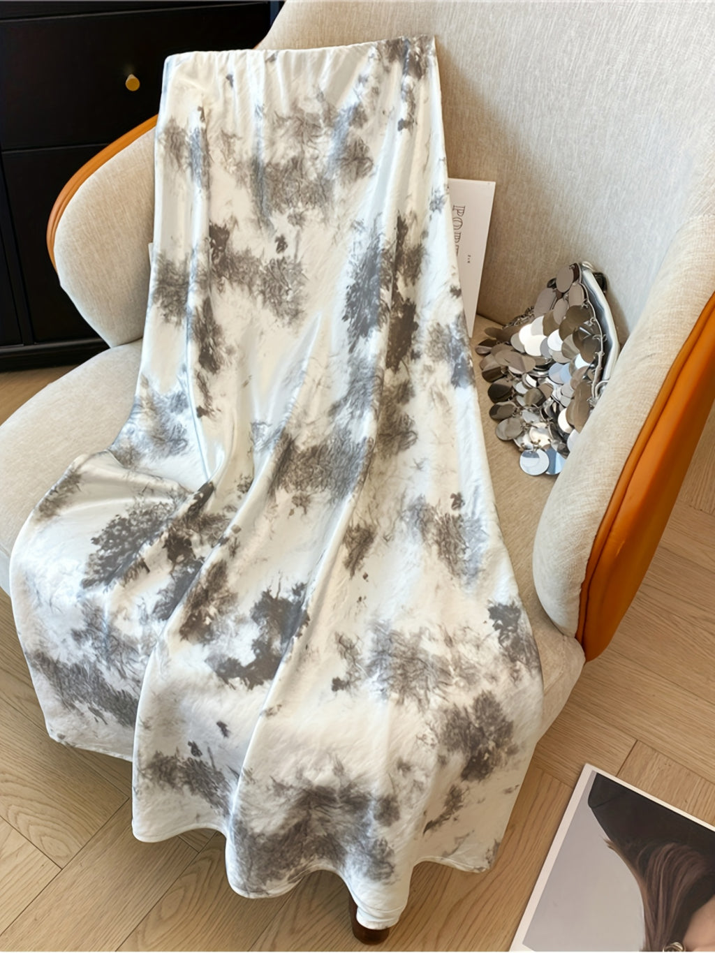 Satin Tie-dye Chinese Ink Painting Fishtail Skirt, Spring/summer Hip-hugging A-line Skirt - Apricot