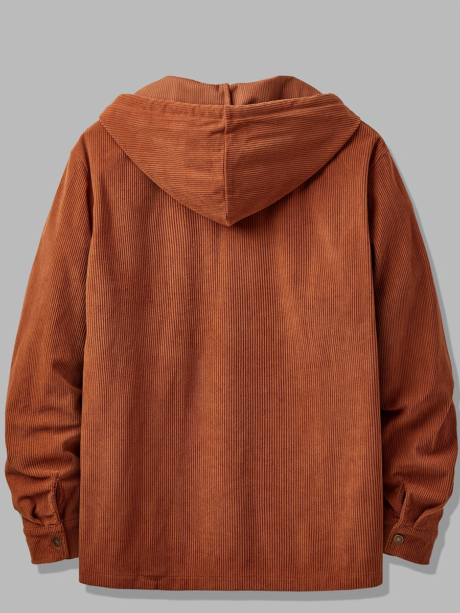 Men's Fashion Jacket, Hooded Corduroy Shirt Jacket with Drawstring Pockets, Vintage Workwear Jacket, Regular Fit for Autumn/Winter, Commuting, Outings, Parties, and Casual Wear Winter Clothes for Men - Rust