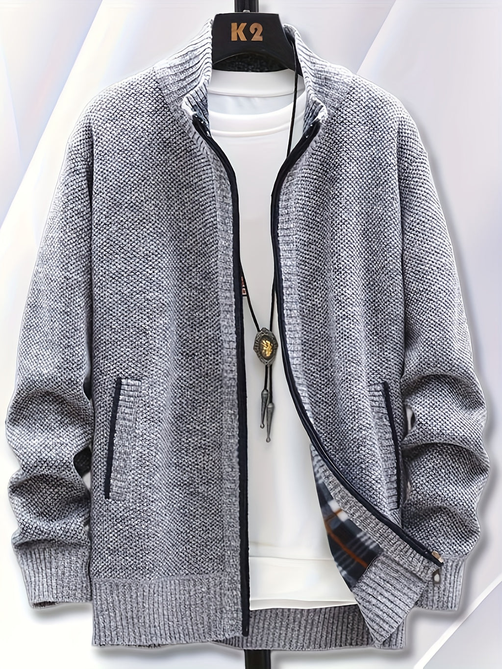 1pc Single Piece Men'S Autumn And Winter Stand Up Collar Knitted Sweater Jacket, Autumn And Winter Knitted Sweater Zipper Cardigan, Casual Thick Warm Sweater Jacket (Solely Includes 1 Jacket) - Light Grey