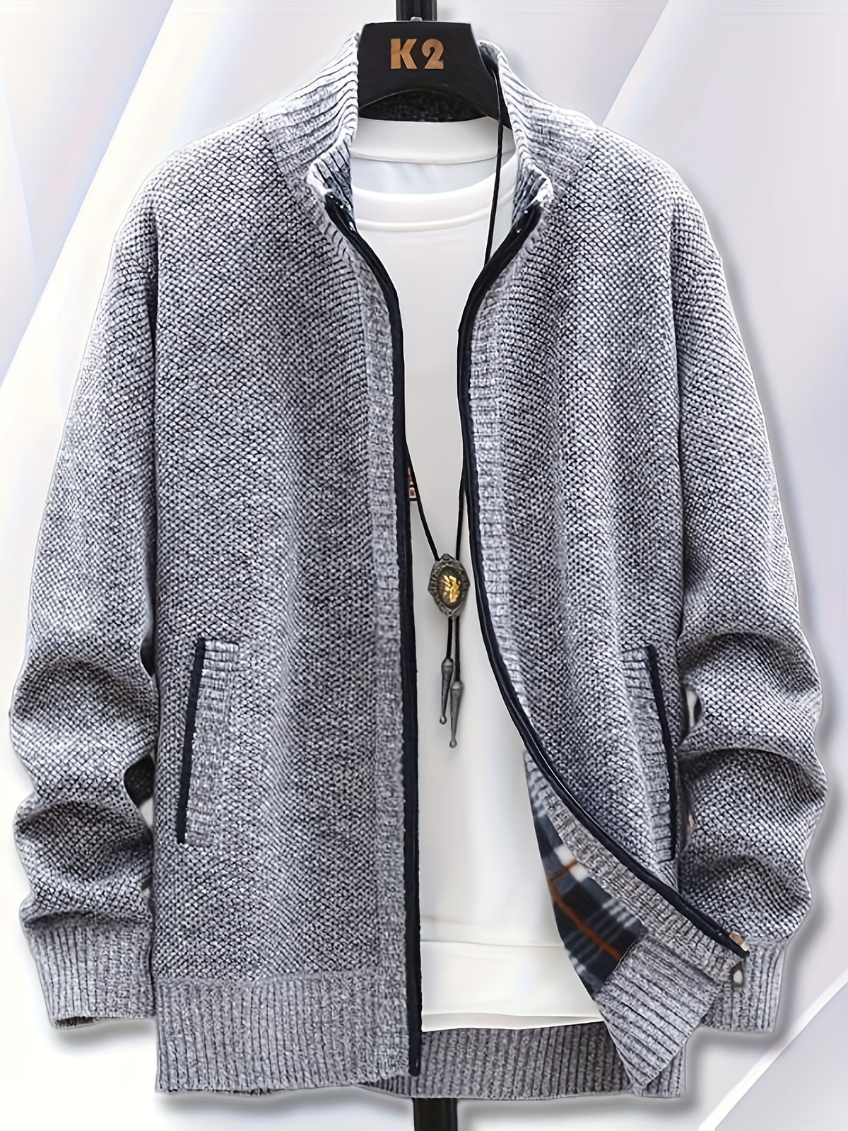 1pc Single Piece Men'S Autumn And Winter Stand Up Collar Knitted Sweater Jacket, Autumn And Winter Knitted Sweater Zipper Cardigan, Casual Thick Warm Sweater Jacket (Solely Includes 1 Jacket) - Light Grey